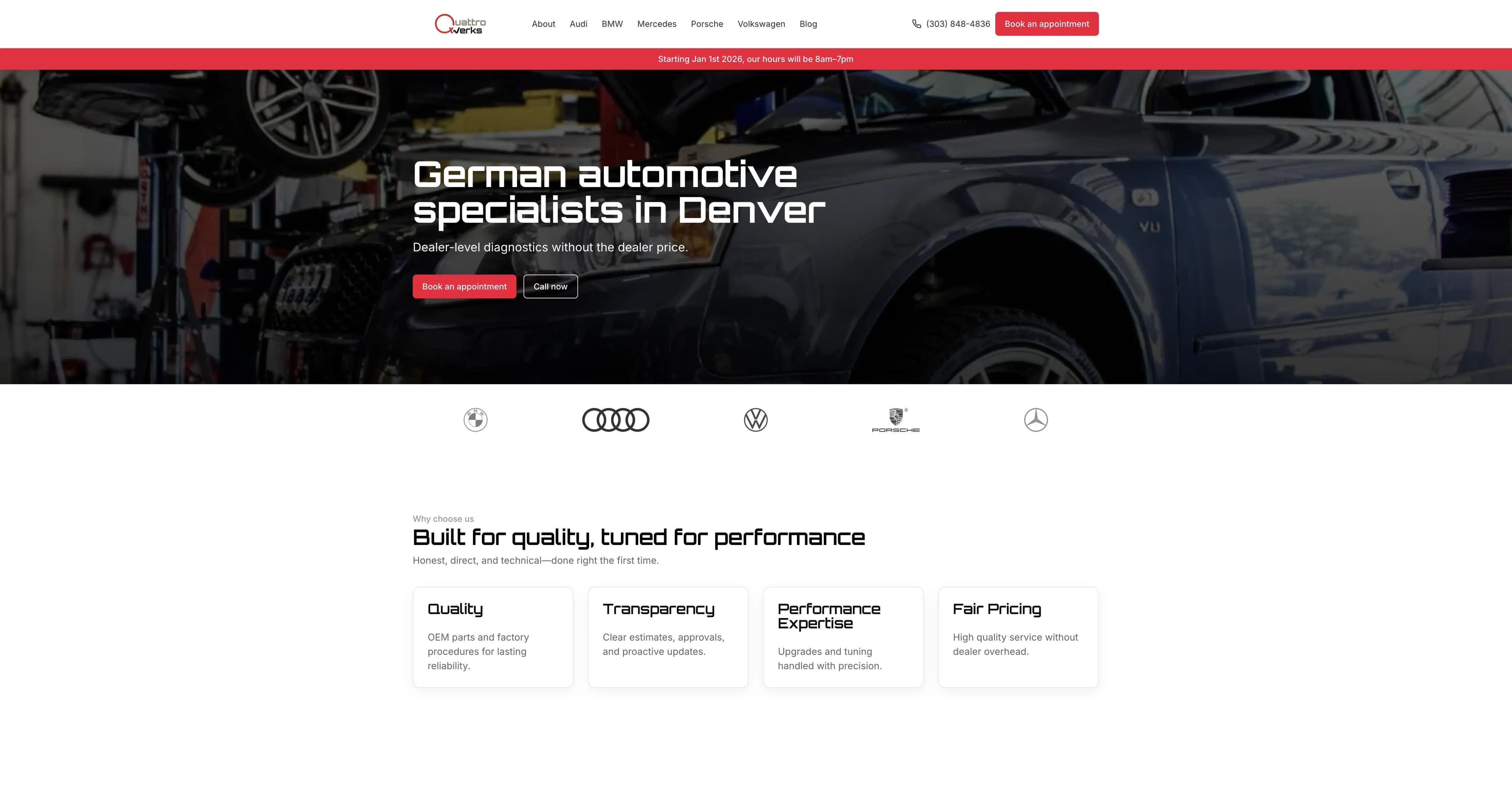 Quattrowerks Auto Shop — screenshot of responsive homepage